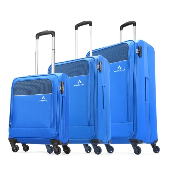 Aristocrat Oasis Plus Set of 3 Cabin, Medium & Large Size Soft Luggage (59 cm, 69 cm & 79 cm) | Spacious Polyester Trolley with 4 Spinner Wheels and Combination Lock | Dazzling Blue | Unisex