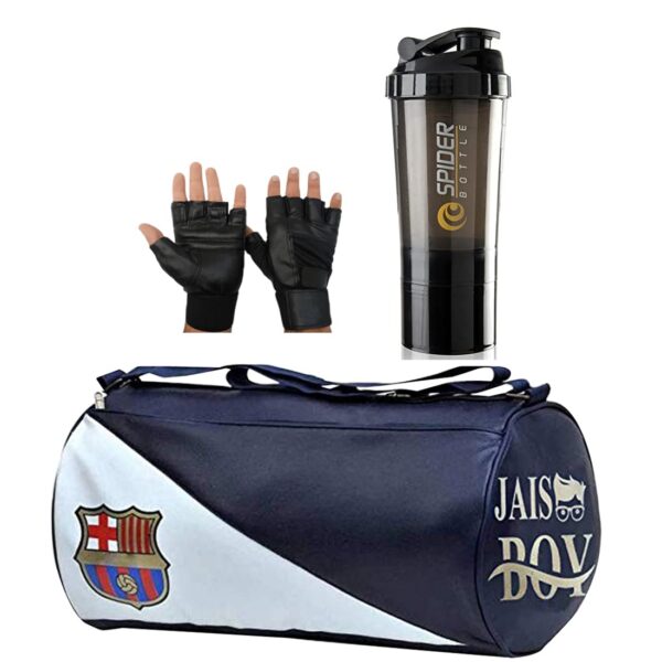 JAISBOY FCM Gym Bag Combo Sports Men’s Combo of Leather Gym Bag, Gloves and Spider Black Shake Fitness Kit Accessories