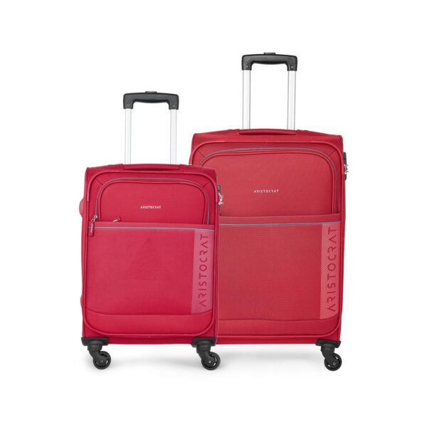 Aristocrat Baleno Set of 2 (Small – 58 Cm + Large -79 Cm) Polyester Softsided 4 Spinner Wheels Trolleys – Red