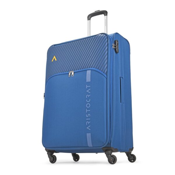 Aristocrat Striker Large Size Soft Check in Spinner Luggage (79 Cm)|Spacious Polyester Trolley with 4 Wheels and Combination Lock|Dazzling Dark Blue|Unisex| 5 Year Warranty