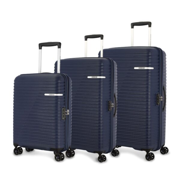 American Tourister Liftoff Spinner 3 Pc Set Midnight Blue Polypropylene Hardshell Luggage with Double Wheel (Trolley/4 Wheel Inline Suitcase), H-79 Centimeters, Small, Medium, Large