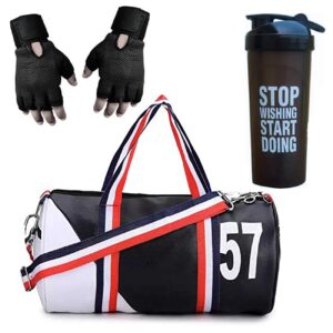 GROUPERS Duffle PU Leather Bag with Shaker Bottle-700ml & GloveslGym BagslAdjustable Shoulder Bag for MenlDuffle Gym Bags for MenlFitness BaglCarry BagslSports & Travel Bag (Black White)