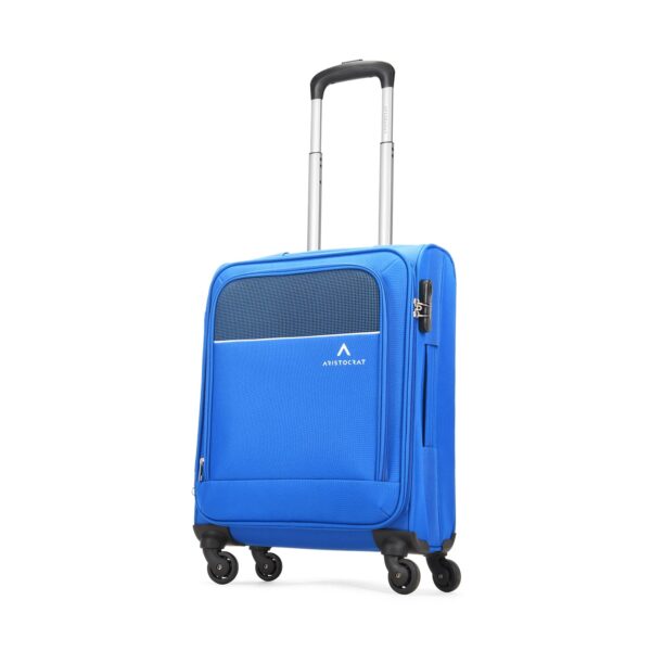 Aristocrat Oasis Plus Cabin Size Softshell Luggage (55 Cm) | Spacious Polyester Inline Trolley Bag with 4 Wheels and Combination Lock | Dazzling Blue | Unisex| 5 Year Warranty, Large