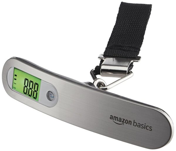 Amazon Basics Digital Portable Electronic Luggage Weighing Scale | 50 kg Capacity | Steel Body | Lifetime Replacement | for Home, Travel, Flights, Bags, and Baggage (Silver)