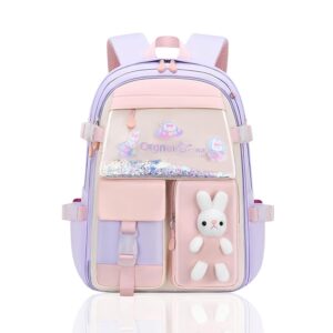 Xfopz Cute Bunny Backpack for Girls, Lightweight &Waterproof School Bag with Multiple Pockets, Kawaii Elementary Students Book Bag for Teen girls