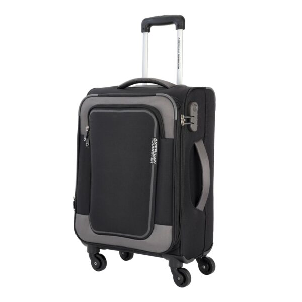 American Tourister Icor (Small) 58Cms|Check-in Spinner Trolley Bag for Travel|Wet Pocket|Expandable|Polyester Luggage|Combination Lock|4 Wheel Suitcase for Men & Women (Black)|Light Weight & Durable