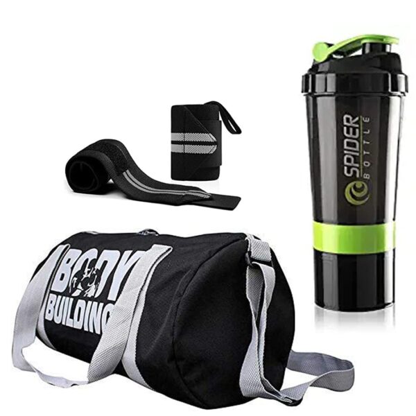 Body bulding Gym Bag Combo Sports Bag Men’s Combo of Leather Gym Bag, Black Wrist Support Band and Spider Shaker Bottle (Green)