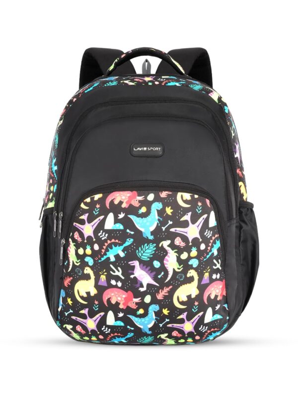 Lavie Sport Dino 39L Printed School Unisex Backpack with Rain cover for Boys/Girls (Black)