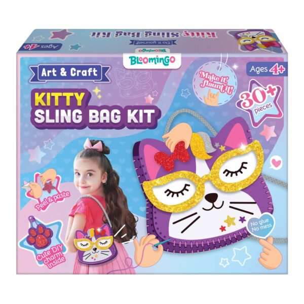 Bloomingo Art & Craft Kit – Kitty Sling Bag: Fun Mess Free Arts & Craft Kit for Kids; Design Your Own Cute DIY Craft Bag; Birthday Gift for Girls and Boys of Ages 4, 5, 6, 7, 8, 9, 10, 11, 12