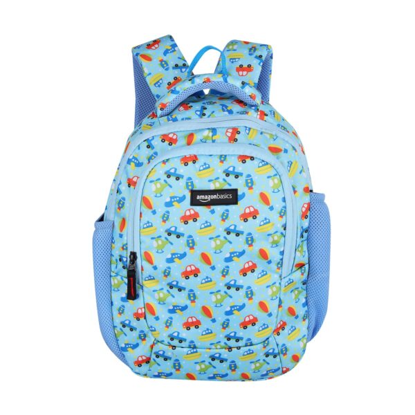 Amazon Basics Trendy and Spacious Transport Theme Kids Backpack | Comfortable Padding | 15 Inches (Sky Blue)