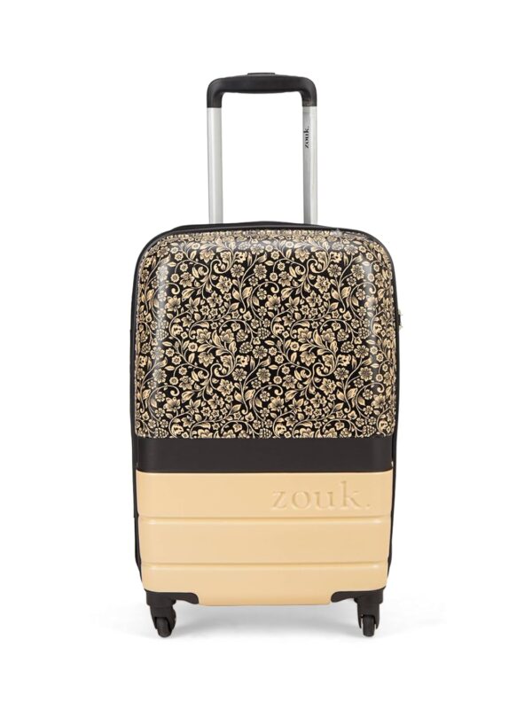 ZOUK FloMotif Raahi Trolley/Luggage/Suitcase Bag for Travel | Polycarbonate Hard Case | Printed Patterned Graphic Design | 360° Rotating 4 Spinner Wheel | Black | Cabin 47 cm