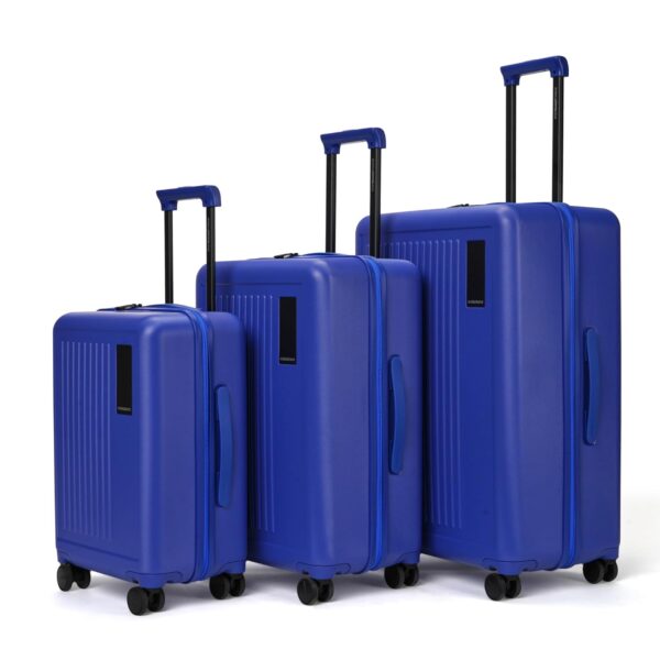 MOKOBARA The Transit Wave Set Of 3 Luggage|Small 54Cm, Medium 64Cm & Large 74Cm Blue Polycarbonate 8 Wheel Spinner Trolley Hardsided Suitcase With Built In Tsa Lock Travel Suitcase (Blue’D Up)