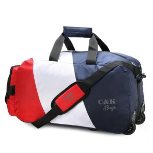 Chris & Kate Polyester Blue-White-Red 50 litres Travel Foldable Spacious Duffle Bag with Wheels Lightweight Trolley Bag with Space Saver Self Storage Luggage Bag-200