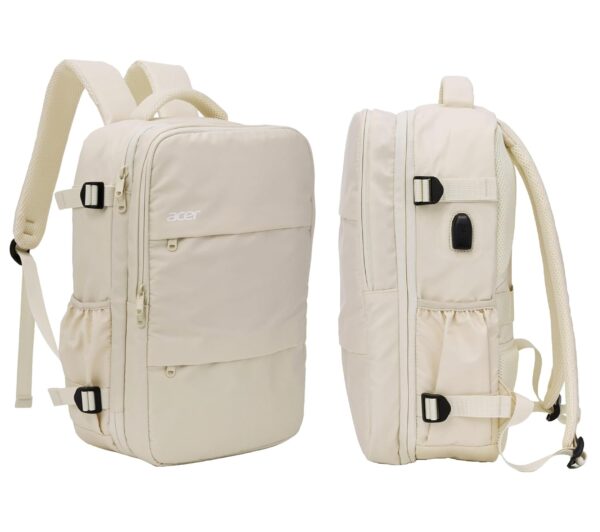 Acer Estilo Premium 15.6 Inch Beige Color Backpack I Water Resistent Polyester I Expandable, 2 Zipper Front Pocket, 2 More Compartment for Laptop and Other Accessories I USB Charging I Strolley Strap