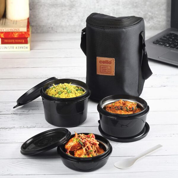 CELLO MF Click Lunch Box Set with Bag, 3 Containers, 300ml, Black | Tiffin Box Outer Plastic Inner Steel with Bag | Leakproof Lunch Boxes with Jacket | Ideal for Office, School, College