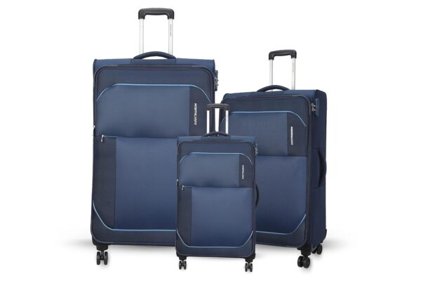 American Tourister Kamiliant (3 Pieces Set)-Polyester Small 56 Cm, Medium 68 Cm & Large 79 Cm Spinner Softsided 4 Wheels Luggage Trolley (Blue)