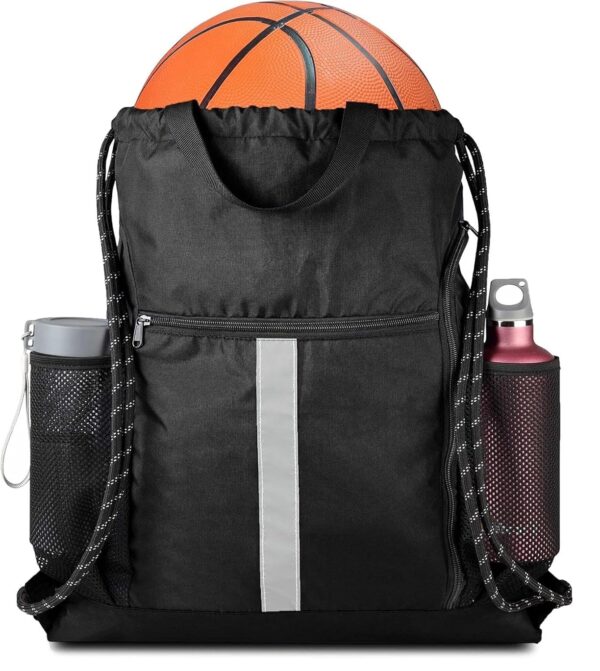 ALASKA® Drawstring Backpack, Basket Ball, Sports/Gym Bag. Large Size (16 Inch x 20 Inch) with Shoe Pouch and 2 Additional Zip Pockets (Black)