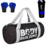 Av Brands Sports Combo of (Black) Body Building Gym Bag with Gloves (Blue) and Spider Shaker Bottle(Blue) Gym and Fitness Kit