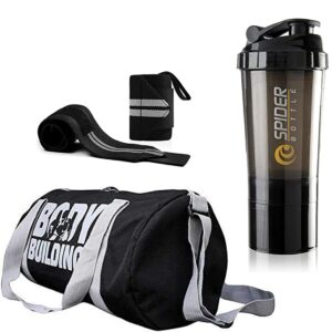 Body bulding Gym Bag Combo Sports Bag Men’s Combo of Leather Gym Bag, Black Wrist Support Band and Spider Shaker Bottle (Black) Free