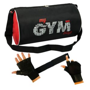 COOL INDIANS Gym Bag Combo of Polyester Gym Bag with Shoe Compartment, Black Gym Gloves with Wrist Support, Black and Gym kit for Men and Women (RED+Black)