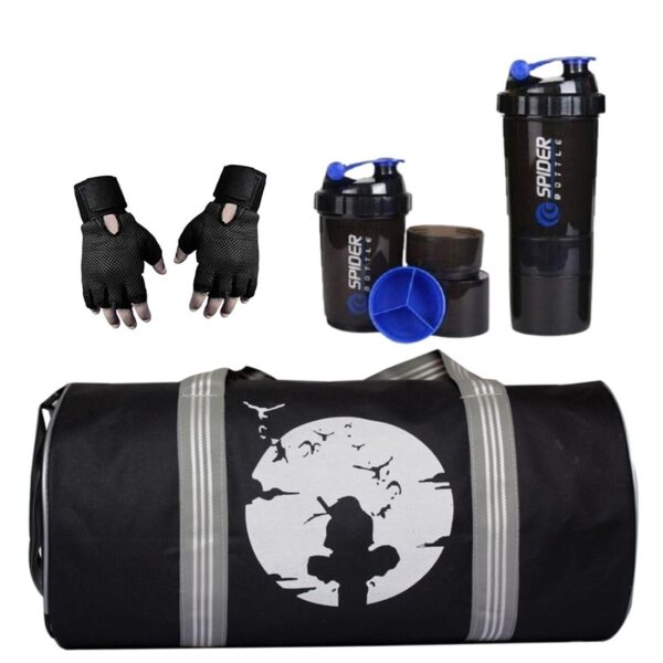 Combo Set of Gym Bag Polyester and high qualtiy Gloves Black, Free Size Workout and Shaker Spider Bottle Fitness Kit Accessories (BLK)