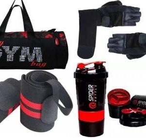 Emmcraz Red Gym Bag with Spider Bottle with Wrist Support & Gym Gloves Home Gym Kit (Dry Bag)