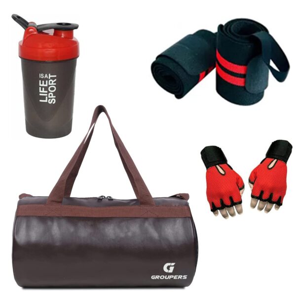 GROUPERS Combo Set of Duffle PU Leather Bag with Gloves, Wrist Band & Shaker Bottle-400mllGym BagslAdjustable Shoulder Bag for MenlFitness BaglCarry BagslSports & Travel BaglSports Kitl(Brown)