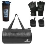 GROUPERS Combo Set of Duffle PU Leather Bag with Shaker Bottle-700ml, Gloves & Wrist BaglGym BagslAdjustable Shoulder Bag for MenlDuffle Gym Bags for MenlFitness BaglCarry Bags (Black)