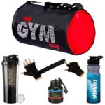 Gym Bag Combo for Men l Gym Bag with Shoe Compartment and, Shaker Bottle|Sipper Bottle| Gym Gloves l Whey Container|Gym kit for Men and Women l Gym Bag & Fitness Kit & My Gym Bag Combo (Black)