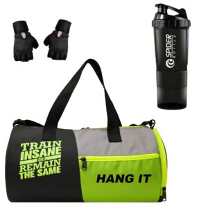 HANG IT Combo of Polyester Gym Bag with Shoe Compartment, Black Gym Gloves with Wrist Support, Black 500 ml Shaker Bottle, and Gym kit for Men and Women (Black)