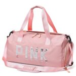 Handcuffs Duffle Bag with Shoe Compartment Polyester Gym Bags for Men & Women | Travel | Sports | Duffels | Adjustable | Shoulder Bag | Weekend | Fitness | Handbag (Pink Peach)