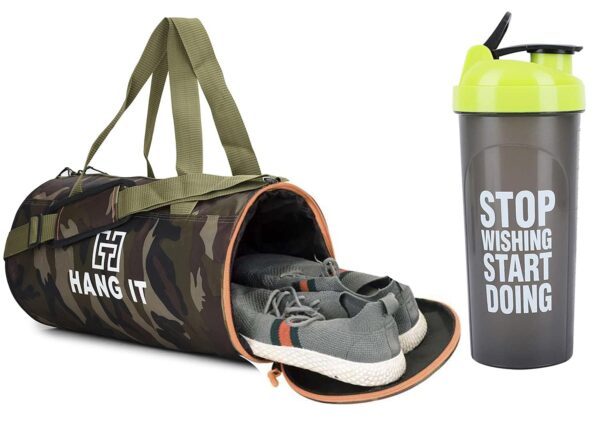 Hang It Army Gym Bag ll Gym Bag Combo for Men ll Gym Bag, Bottle SWSD GRN ll Gym kit for Men and Women ll Gym Bag with Shoe Compartment Gym & Fitness Kit