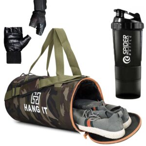 Hang It Army Print Gym Bag Combo for Men ll Gym Bag, Black Spaider Bottle, Black Gloves ll Gym kit for Men and Women ll Gym Bag with Shoe Compartment Gym & Fitness Kit