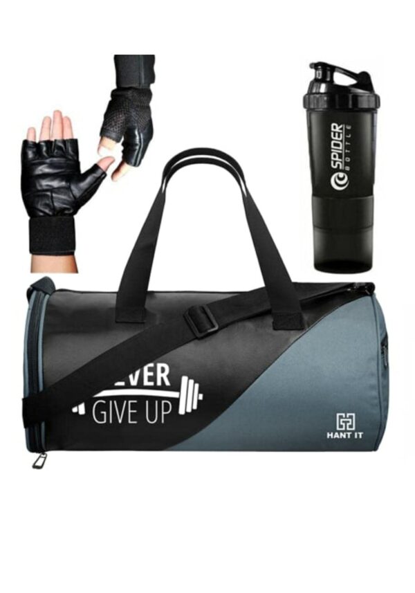 Hang It Gym Bag Combo for Men and Woman ll Gym Bag, Black spaider Bottle, Black Gloves ll Gym kit for Men and Women ll Gym Bag with Shoe Compartment Gym & Fitness Kit