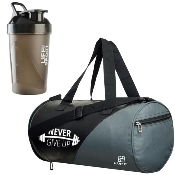 Hang It Gym Bag Combo for Men ll Grey Black Gym Bag and Lias BLK Bottle ll Gym Bag Bottle Combo ll Gym Bag with Shoe Compartment Gym & Fitness Kit