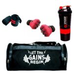 Hang It Gym Bag Combo for Men ll Gym Bag with Shoe Compartment and, Black Bottle, Black Wristband, Black Gloves ll Gym kit for Men and Women ll Gym Bag & Fitness Kit & Gym Bag Combo (Red)