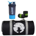 Itachi Printed Combo Set of Gym Bag with Wrist Support Green Band and Shaker Bottle (BLK)