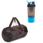 JAISBOY Brown Gym Bag Combo Sports Men's Combo of Leather Gym Bag, Shaker Bottle Blue Shake Fitness Kit Accessories