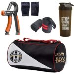 JAISBOY Combo Set Gym Bag with Gym Gloves with Wrist Support Band and Stop Bottle and Hand Gripper (j)