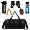 New Ultimate Gym Accessories Combo Set for Men and Women Workout - Boost Your Workout with Duffle Bag, Gloves, Wodden Gripper & Whey Container Bottle Sipper Bottle/Gym Shaker (Black+ Black)