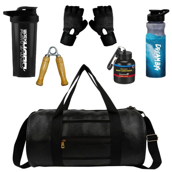 New Ultimate Gym Accessories Combo Set for Men and Women Workout – Boost Your Workout with Duffle Bag, Gloves, Wodden Gripper & Whey Container Bottle Sipper Bottle/Gym Shaker (Black+ Black)