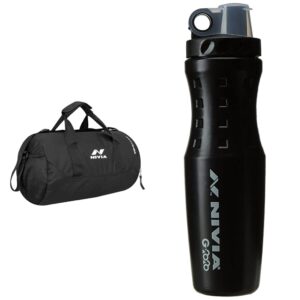 Nivia 5183 Polyester Gym Duffle Bag, Medium (Black) & G 20-20 Plastic Sipper (Black) 600ml Combo