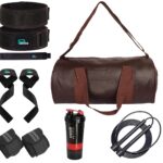 Pawells Gym Combo For Man And Woman For Workout Gym Accessories Boost Your Workout with Skipping Rope, Leather Duffle Bag, Wrist Wrap, Deadlift Belt & Strap, Sipper/Shaker - All-in-One Fitness GYM Kit