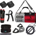 Pawells® Ultimate Gym Combo Set for Man and Woman, Gym Kit Transform Your Body with Waterproof Duffle Bag, Toning Tube, Deadlifting Belt, Hand Gripper, Shaker, Wrist Band Fitness Kit (Pack of 7)