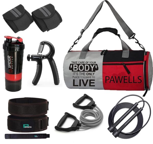 Pawells® Ultimate Gym Combo Set for Man and Woman, Gym Kit Transform Your Body with Waterproof Duffle Bag, Toning Tube, Deadlifting Belt, Hand Gripper, Shaker, Wrist Band Fitness Kit (Pack of 7)