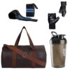 Premium Gym Accessories Combo Set for Men and Women Workout Gym Bag with Gym Glove with Wrist Support Band and Life Black Shaker Bottle