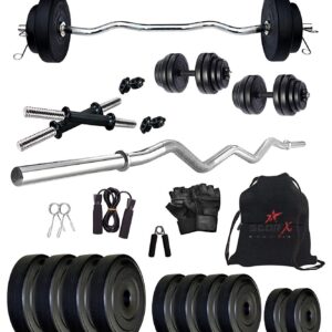 STAR X PVC 20kg Home Gym Combo | Fitness Set | Gym Set with 3Ft Curl, Dumbbells & Plates | Combo Pack with Gym Gloves, rod, Handgrip, Plates, Bag and other Gym Accessories – Set of 1