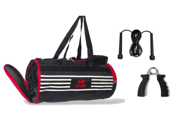 TENSE Gym Duffel Bag Combo Set for Men and Women Workout Boost Your Workout with Skipping Rope, Polyester Duffel Bag, Fitness Grip – All-in-One Fitness Gym Kit