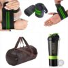 TRUE INDIAN Combo Pack of 3 Gym Shaker Bottle with Gym Bag and Wrist Band|| Shaker Bottle 500 ml ||Gym Duffel Bag for Fitness | Shoulder Gym Bags||Wrist Support Gym Men And Women (Brown & Green)