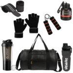 TRUE INDIAN Leather Gym Bag Combo For Men Ll Gym Bag Bottle Gym & Fitness Kit (Pack Of 7, Black Pack Of 7), 20 cm